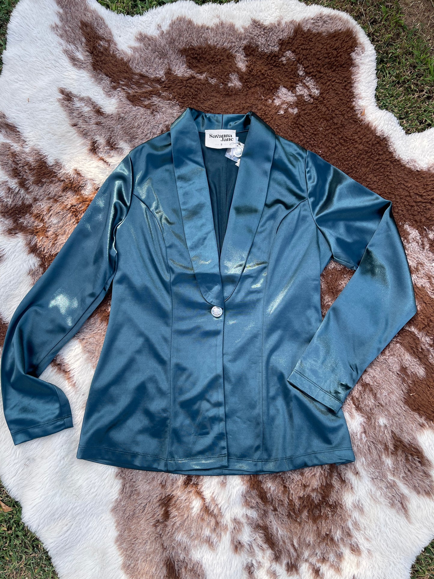 Silky teal blazer with silver concho button