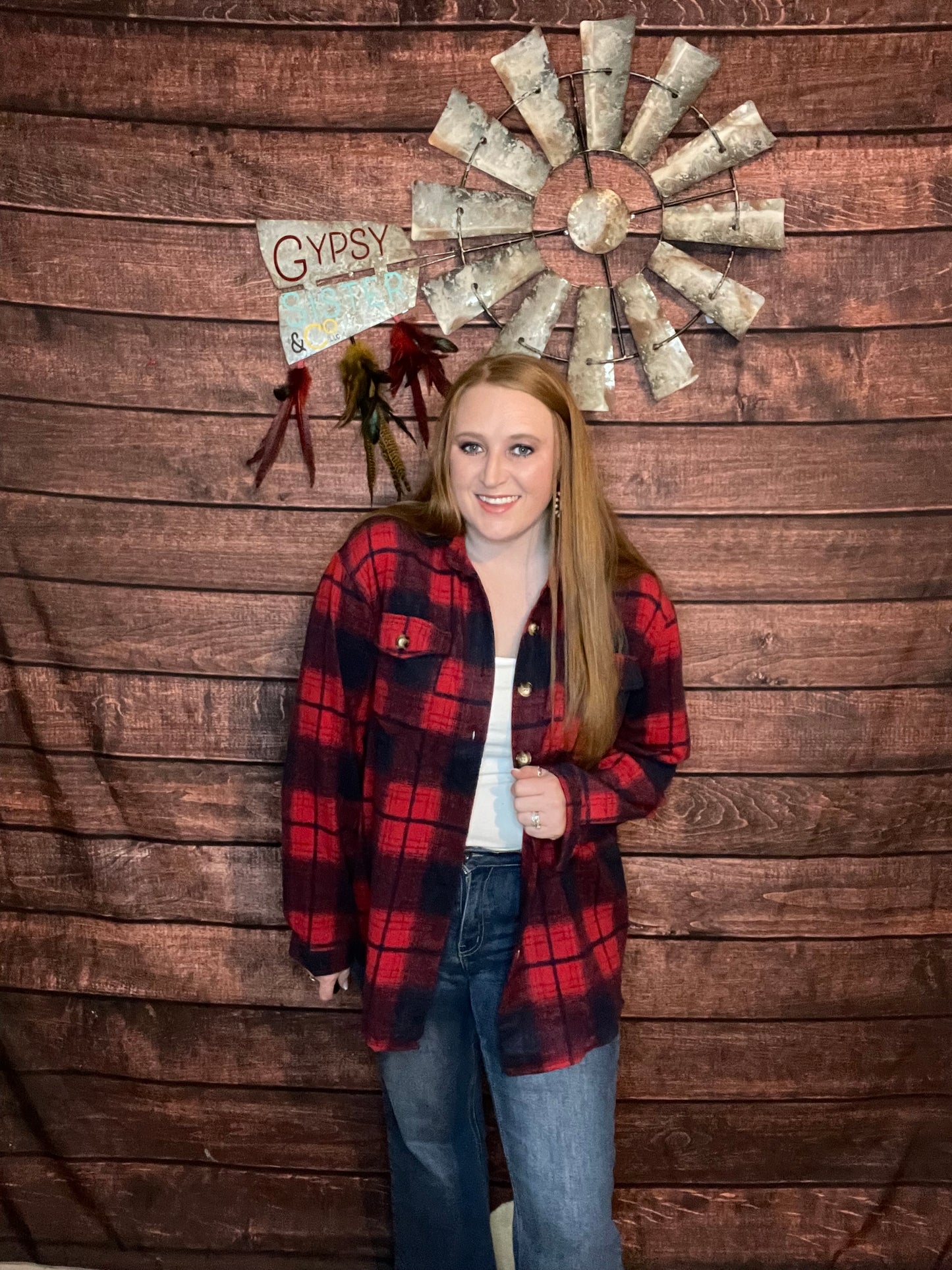 Model wearing Red Plaid shacket