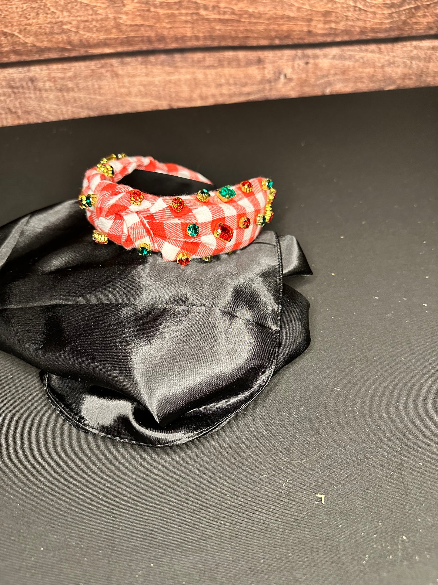 Red and White buffalo check headband with red and green rhinestone beading