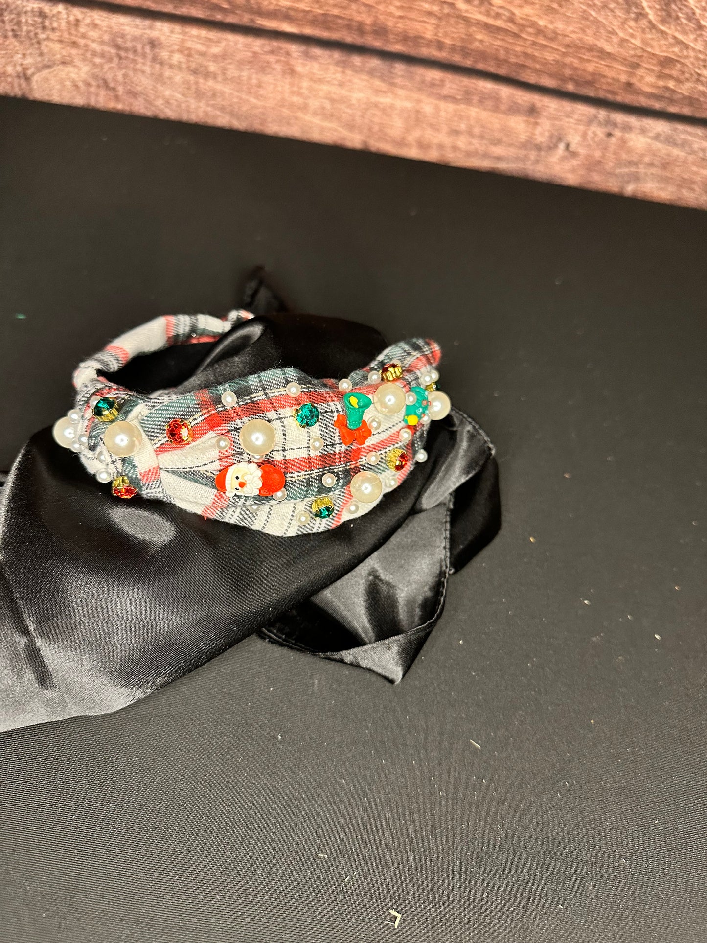 Red and black plaid headband with rhinestones, pearls, and Christmas themed beading