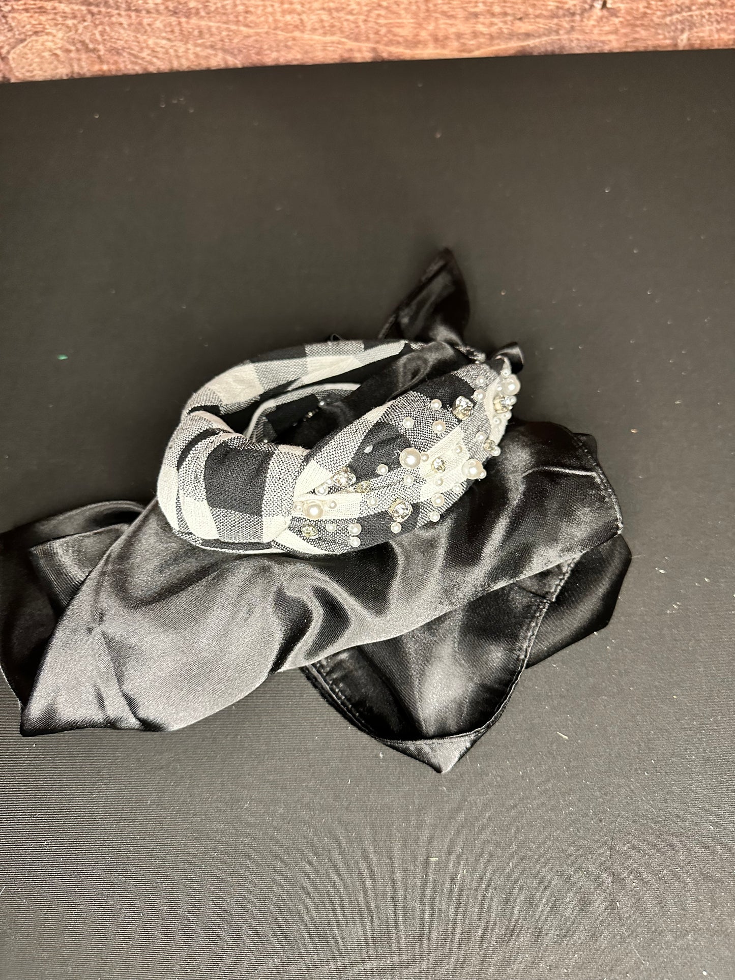 black and white plaid headband with pearl and rhinestone beading