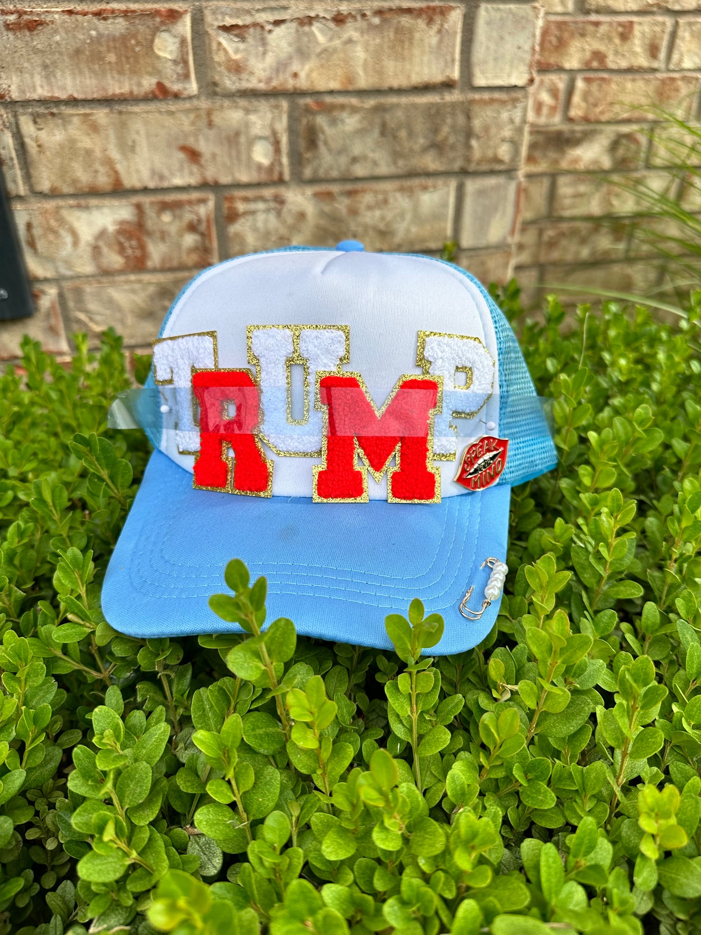 Light Blue Trucker hat that says TRUMP with a lip pin that says "speak your mind"