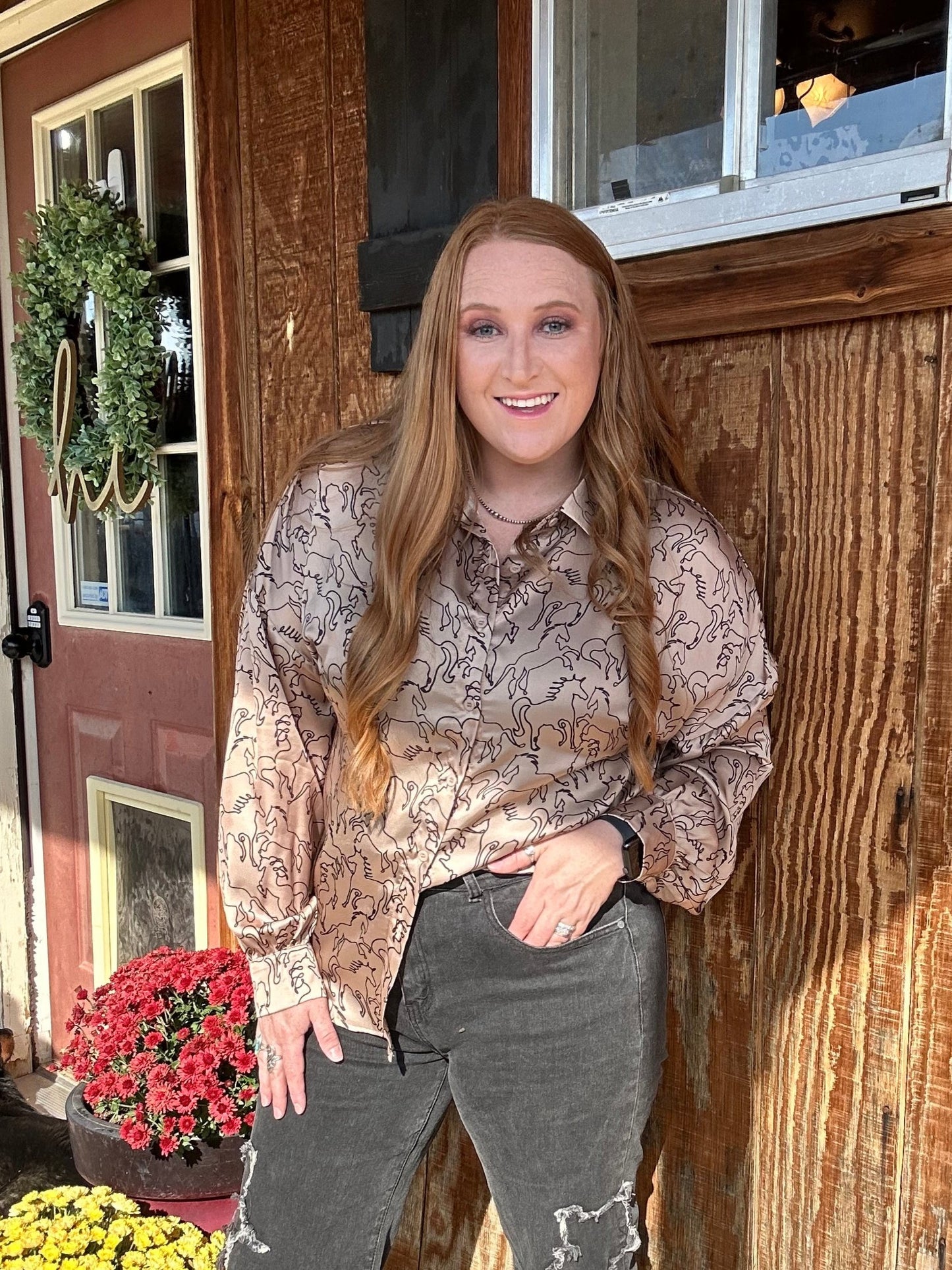 Model wearing a size large in the Ride Sally Silky Button Up