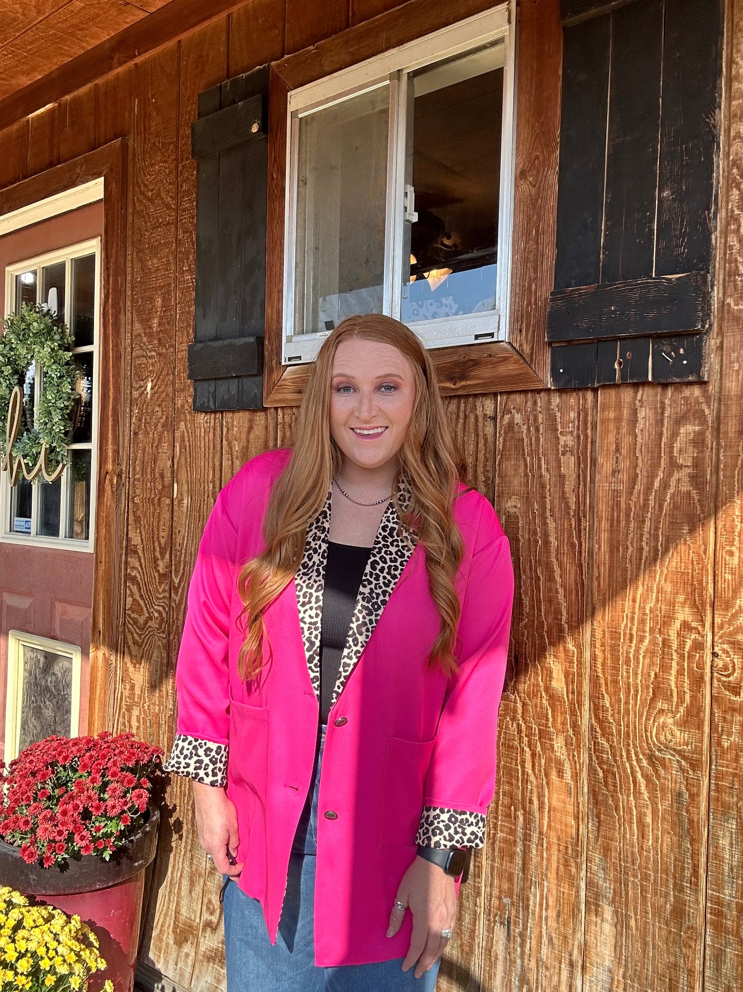 Model wearing a size large of the Pink Lady Blazer