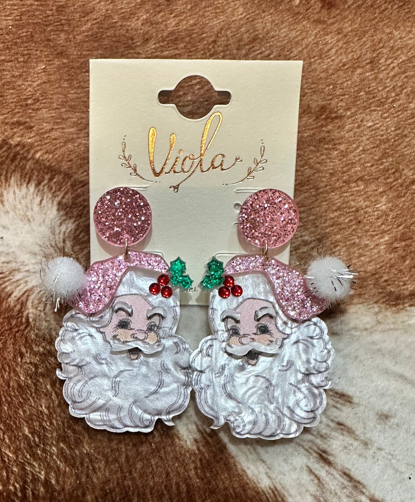 Sassy Santa with a pink hat acrylic earrings.