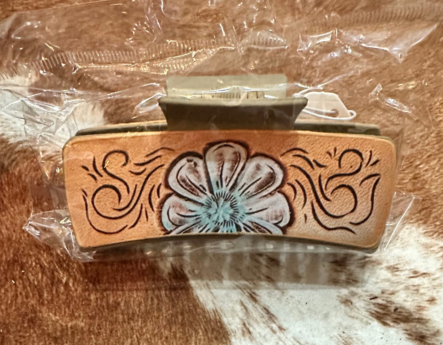 Claw Clip with faux leather with Blue flower detailing