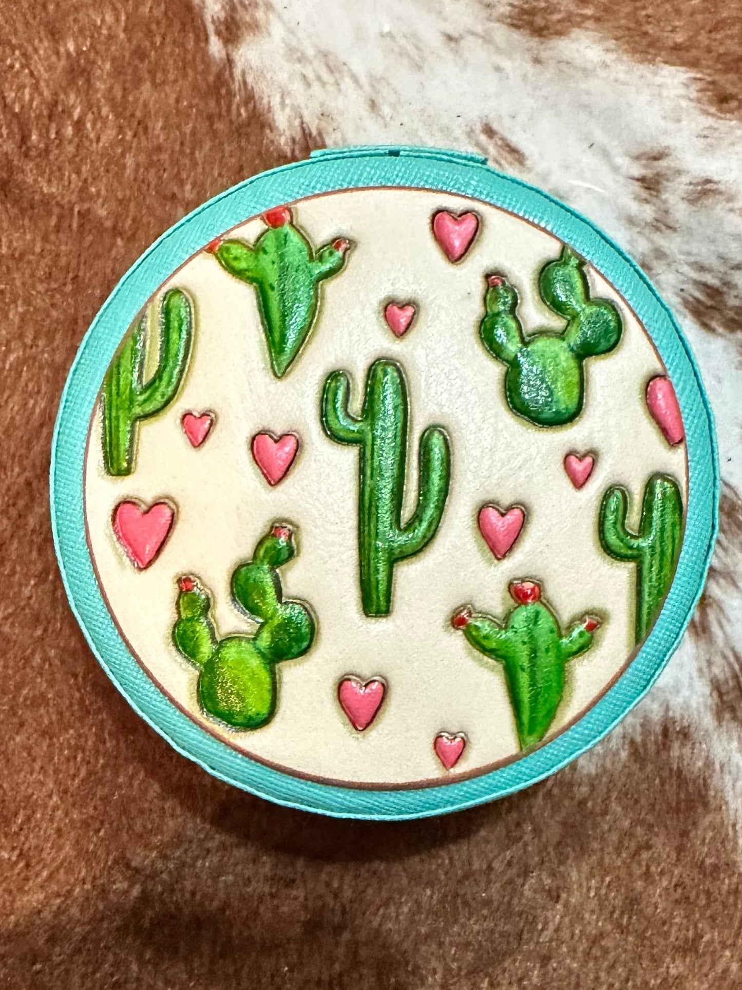 Cactus hearts faux leather travel jewelry box
