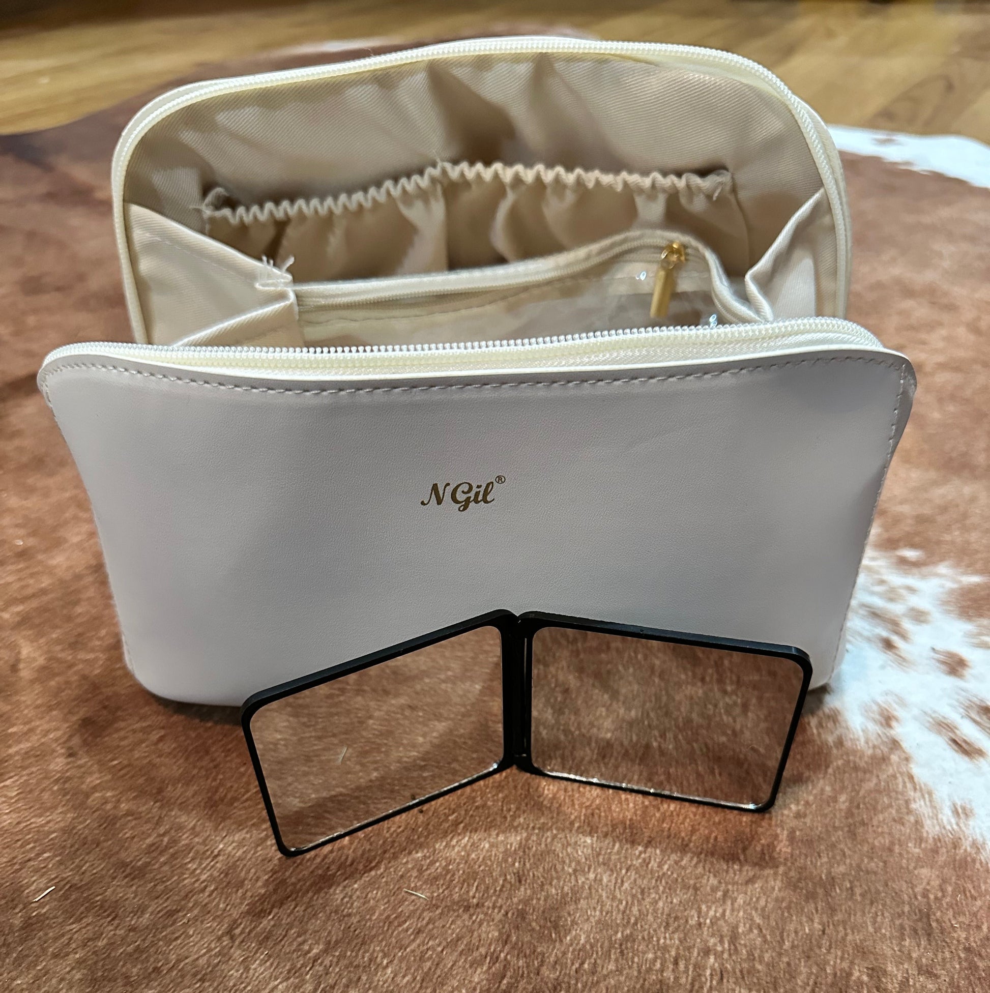 White Faux Leather travel bag with compact mirror