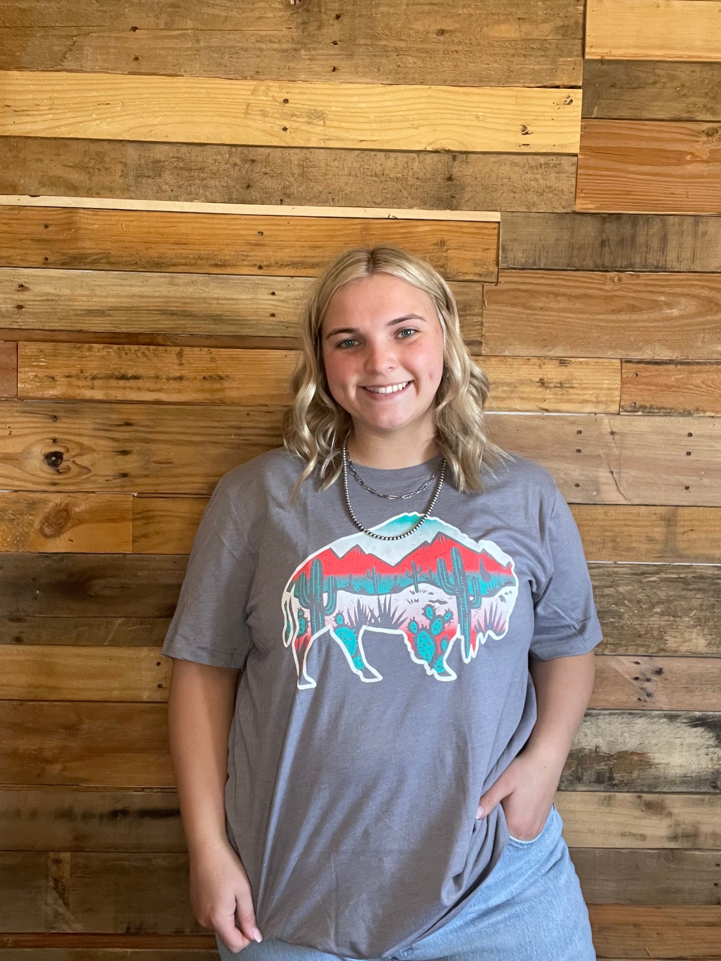 Models wearing grey shirt with Buffalo filled with colorful desert scenery in X-Large