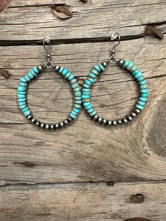 Navajo pearls with turquoise beaded hoop earrings 