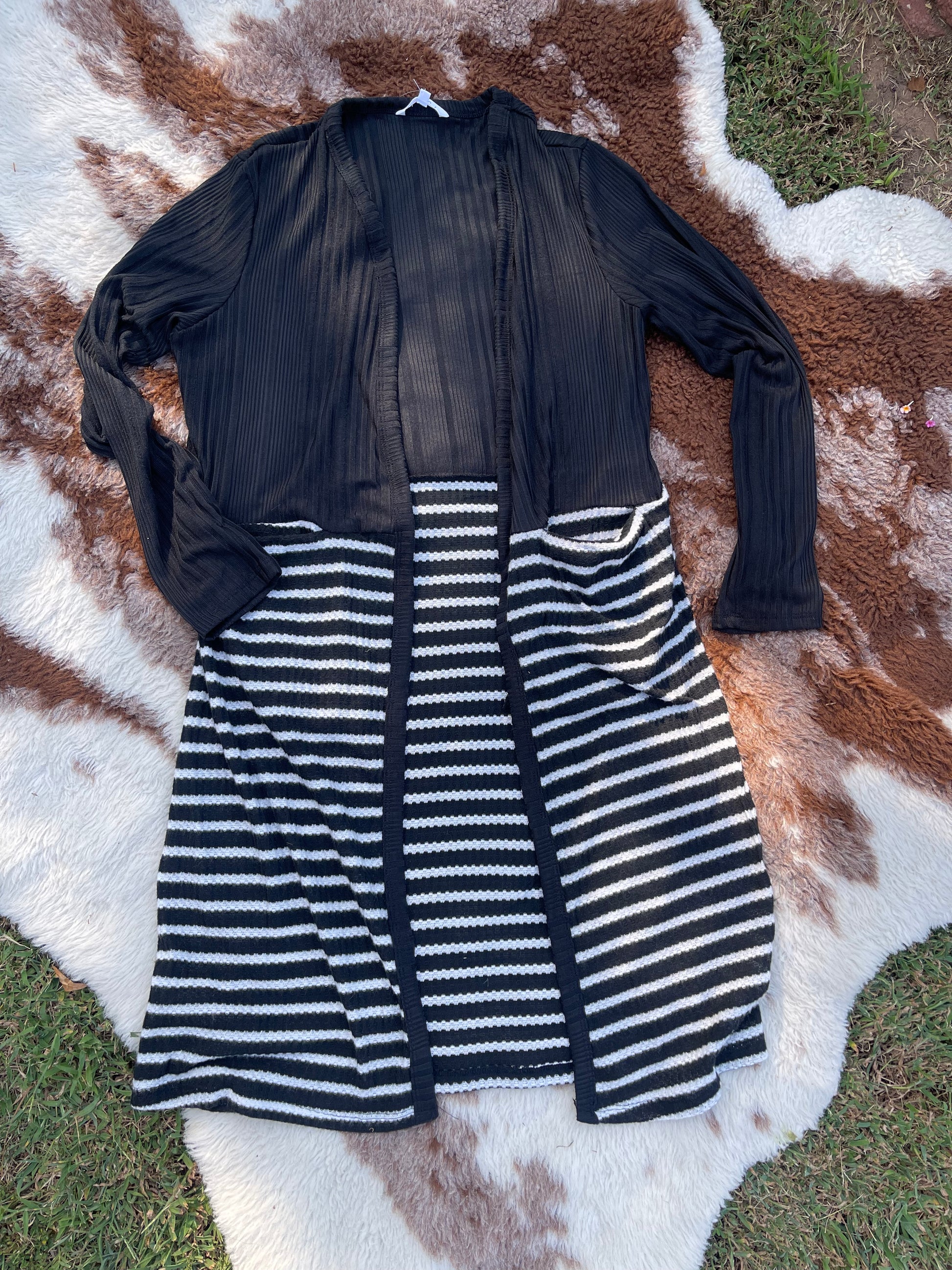 Black and white striped, long duster with pockets