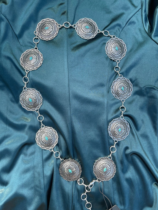 Silver concho belt with turquoise appearing stones