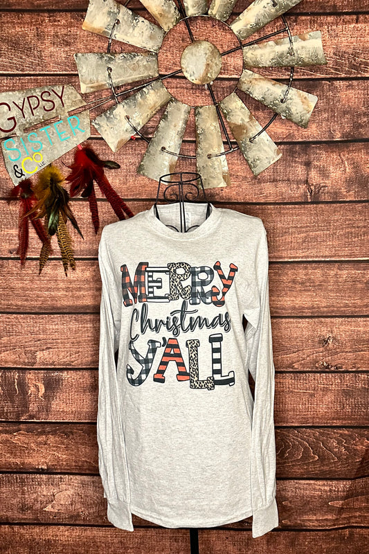 Light gray long sleeve shirt with doodle letters that say "Merry Christmas Y'all" 