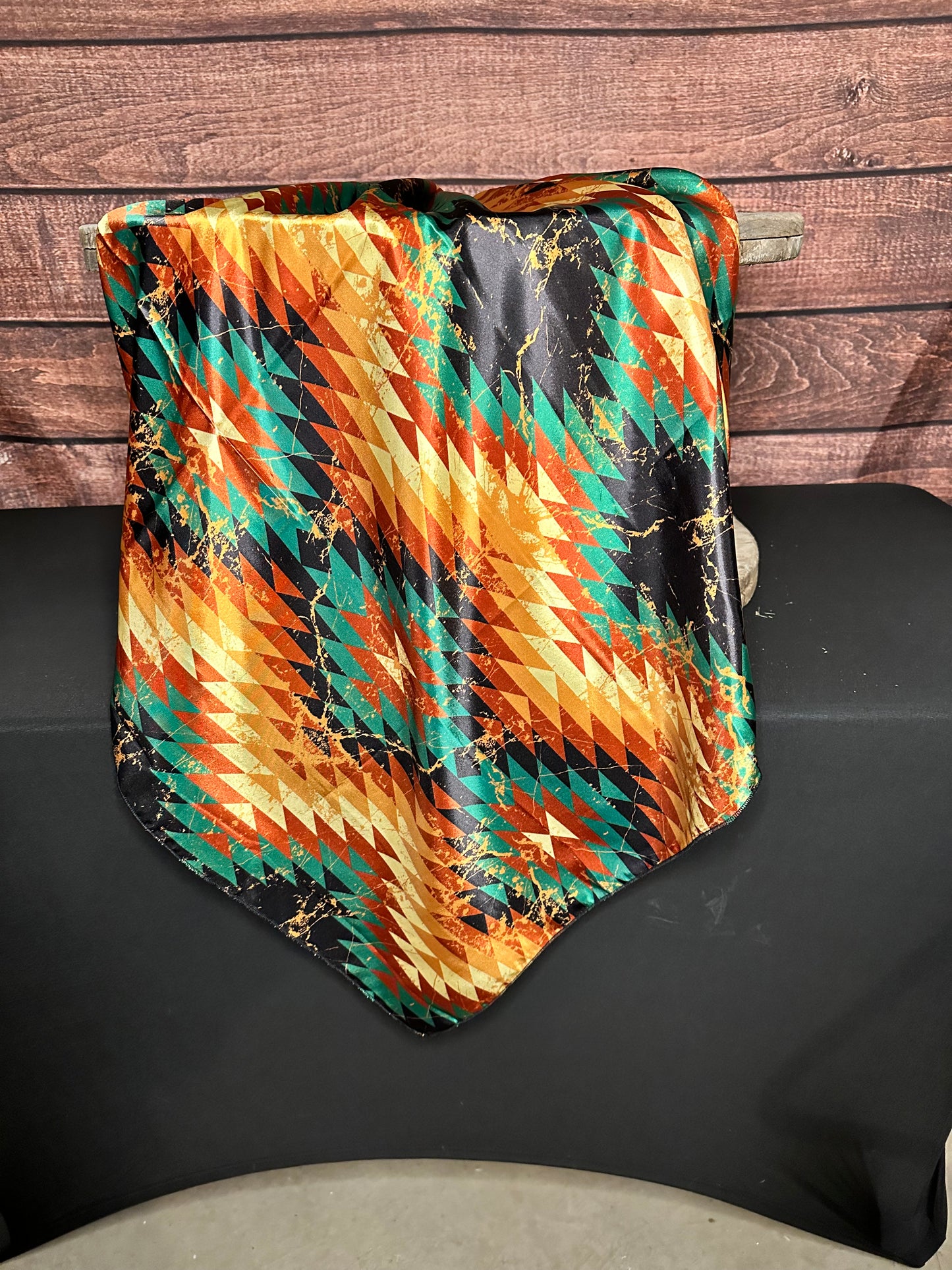 Autumn Aztec Wild Rag: silky wild rag with orange, turquoise and black aztec print 