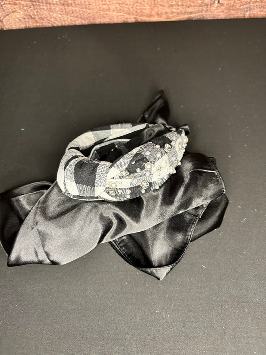 black and white plaid headband with pearl and rhinestone beading 