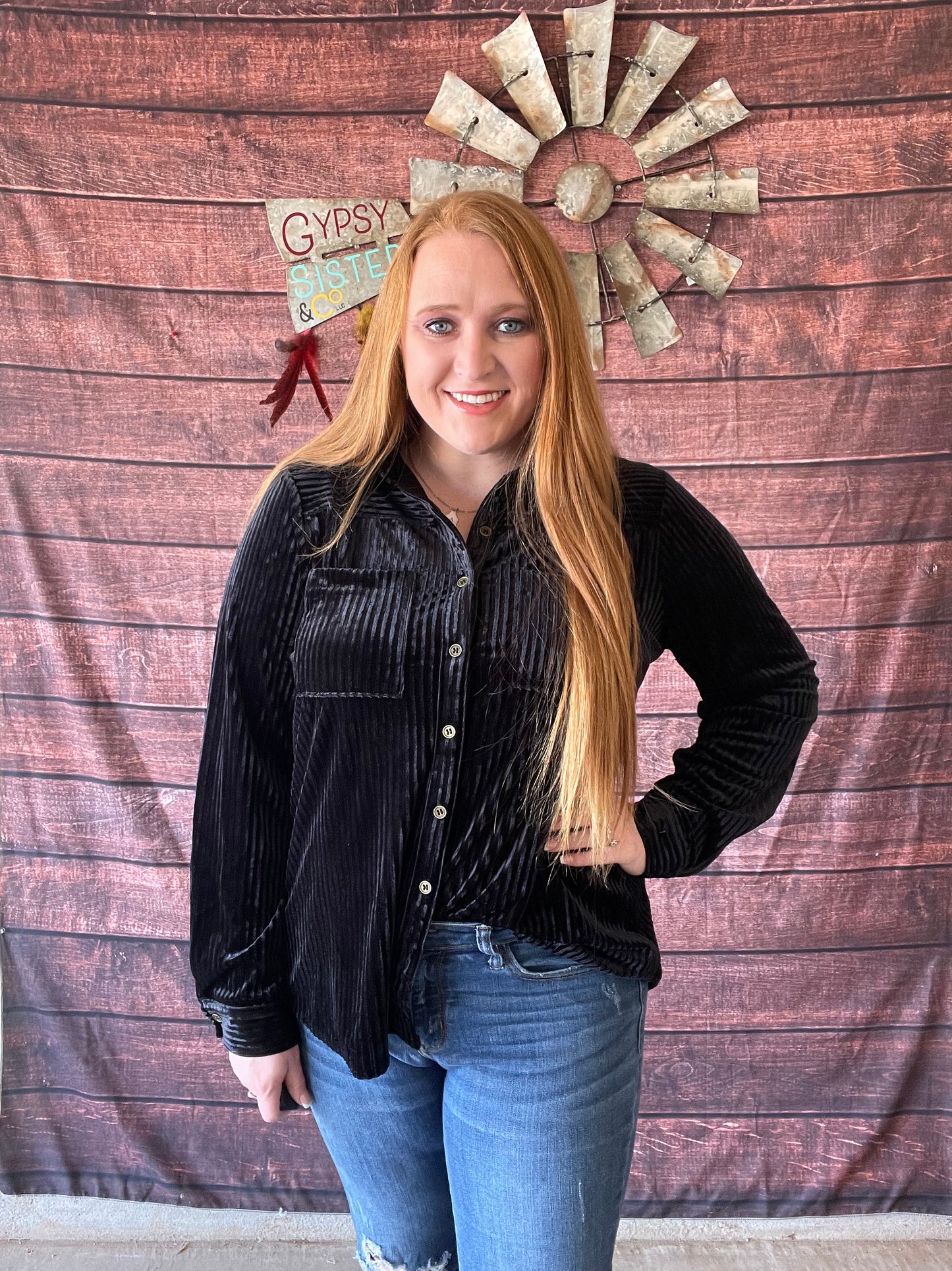 Model wearing size large black velvet button down shirt