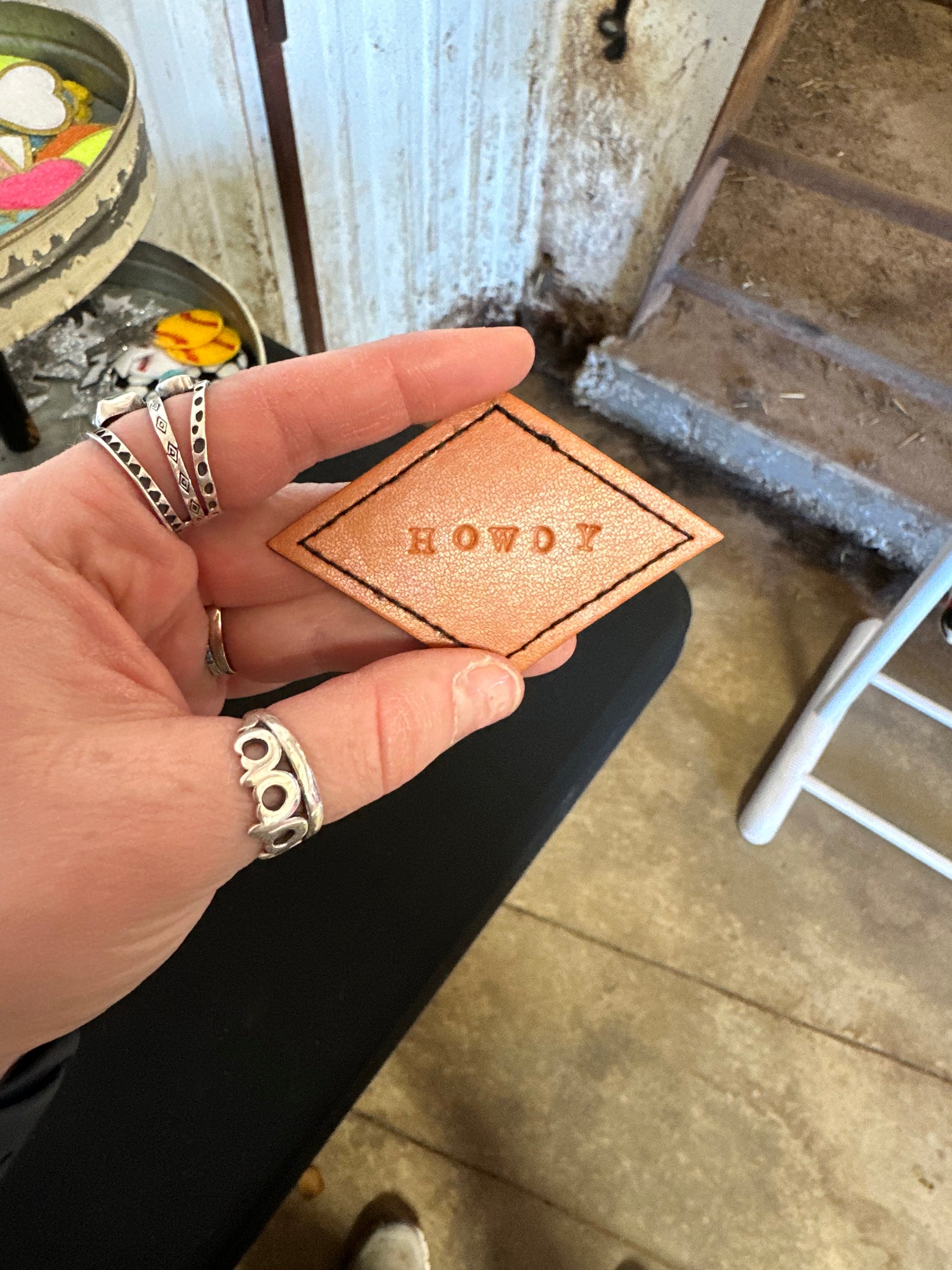 Leather patch with stamped letters