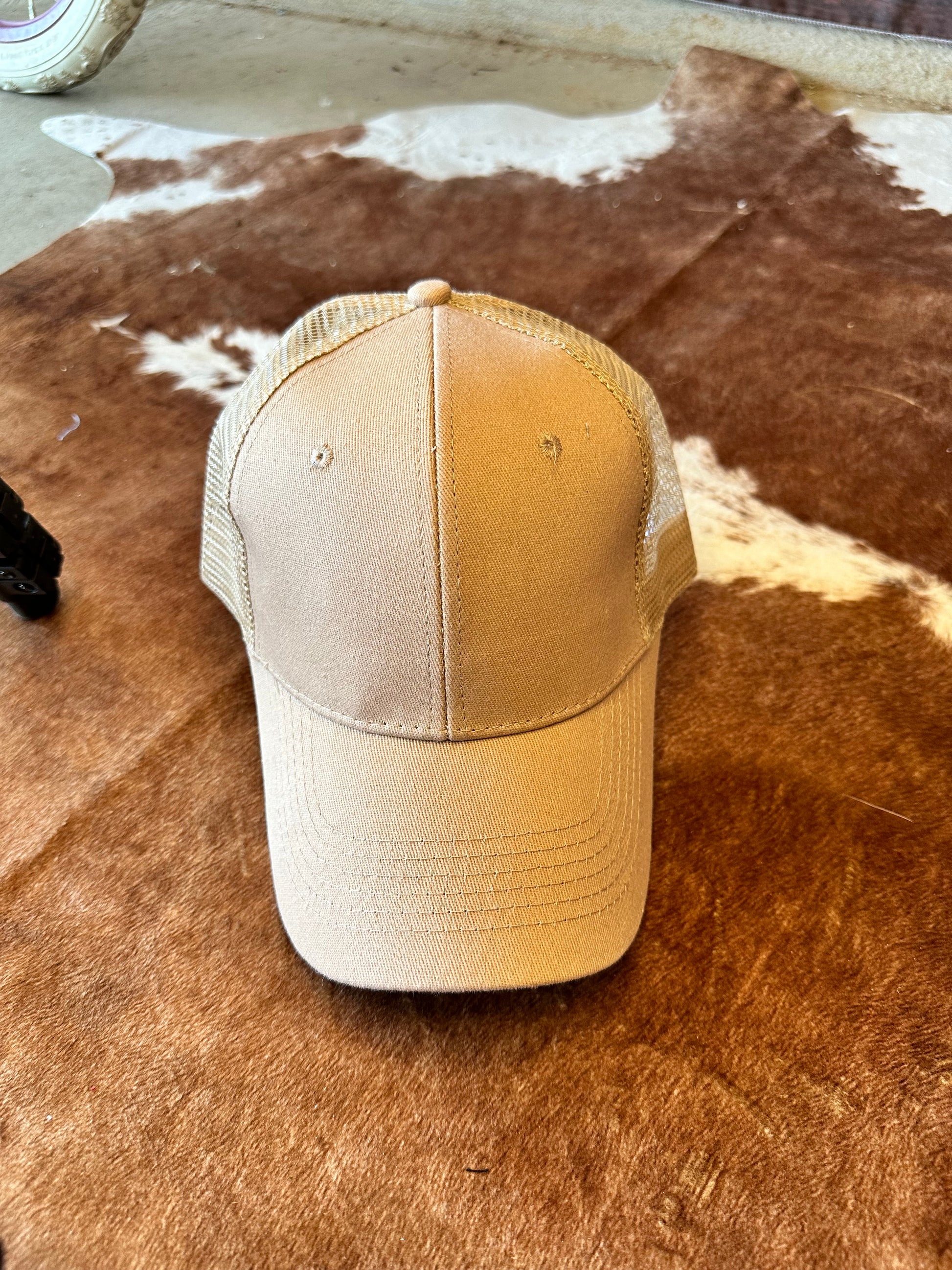 Khaki ball cap with structured crown and mesh back