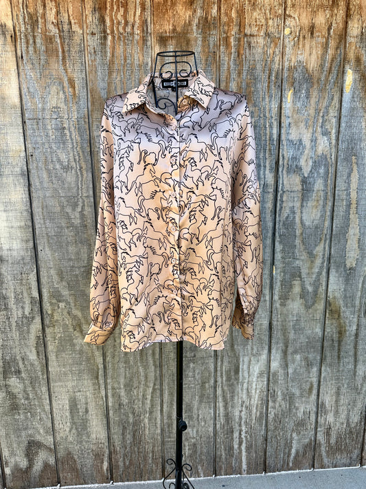 Cream colored Silky button down blouse with black horse designs 