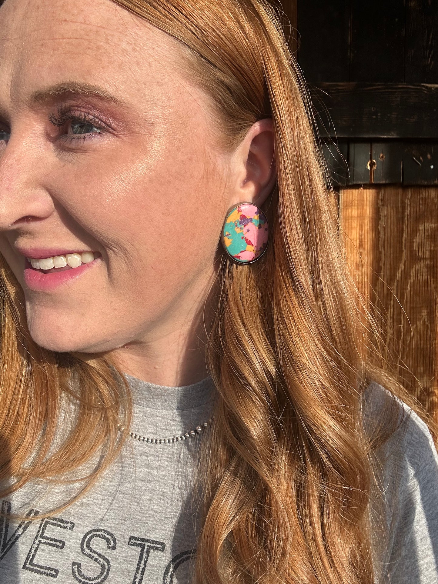 Model wearing Sangria studs option 3 