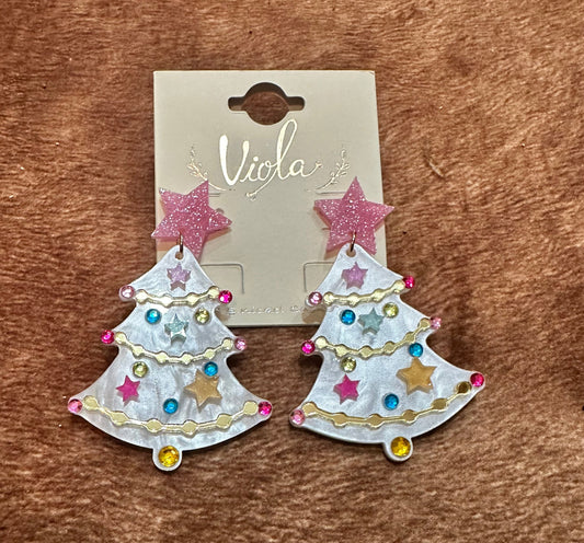 Acrylic white Christmas tree earrings with colorful details 