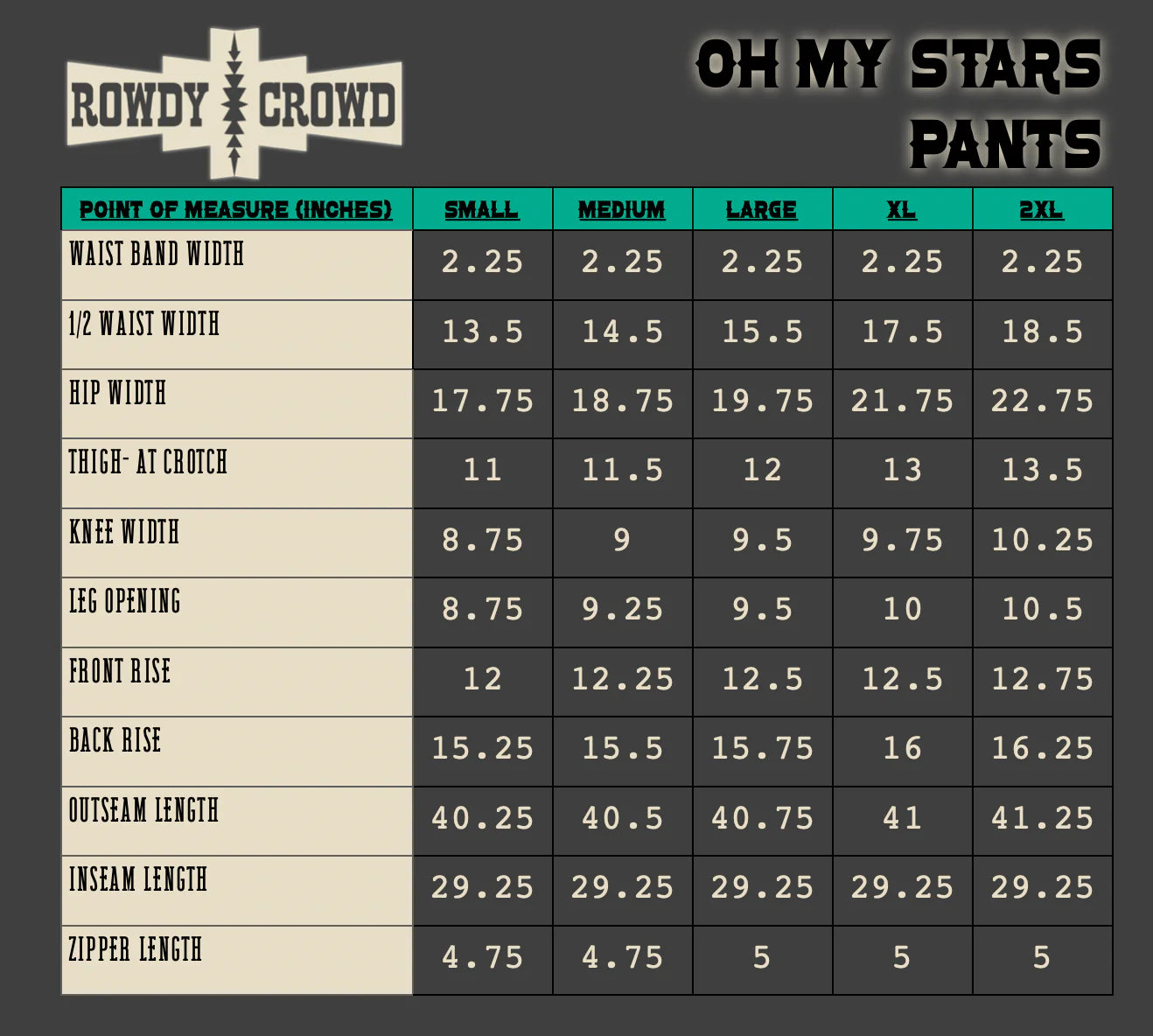 Detailed Size Chart for the oh My Stars Pants 