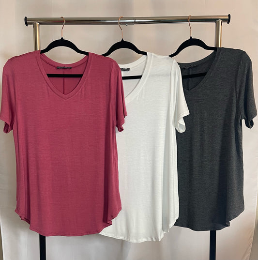 Three plain V-neck t-shirts in Mauve, Ivory, and two tone grey