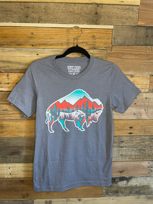 Grey shirt with Buffalo filled with colorful desert scenery 